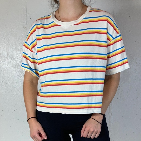 wild fable Tops - Rainbow Striped Cropped Short Sleeve Tee Shirt